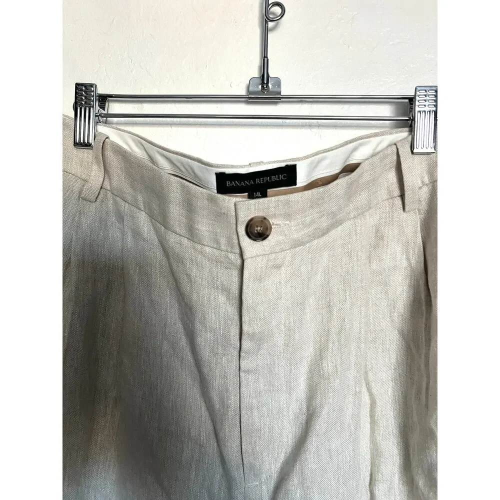 Banana Republic Linen Pants Womens 14 Long Beige Pleated Dress Trouser Slacks